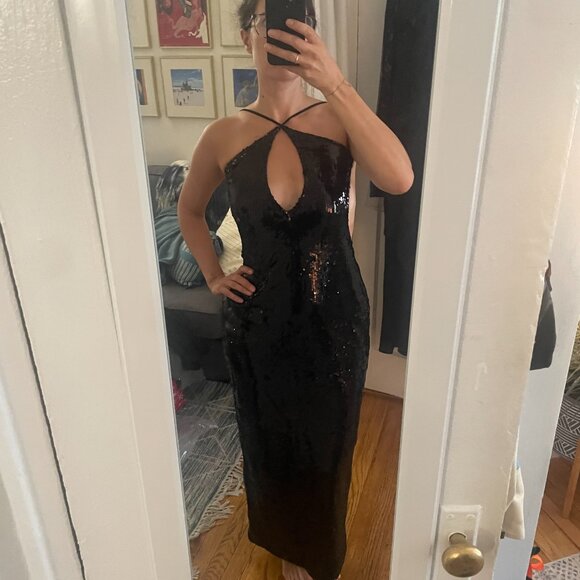 Black Sequin Keyhole Halter Backless Black Tie NWOT - Picture 2 of 10